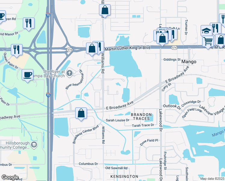 map of restaurants, bars, coffee shops, grocery stores, and more near 10920 East Broadway Avenue in Seffner