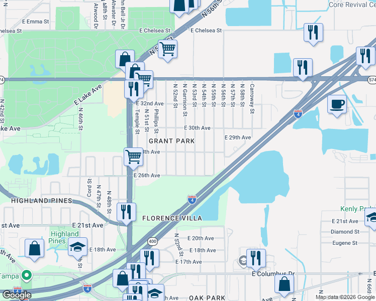 map of restaurants, bars, coffee shops, grocery stores, and more near 3607 North Garrison Street in Tampa