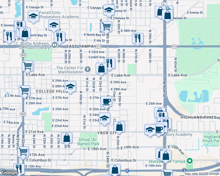 map of restaurants, bars, coffee shops, grocery stores, and more near 3509 1/2 North 34th Street in Tampa