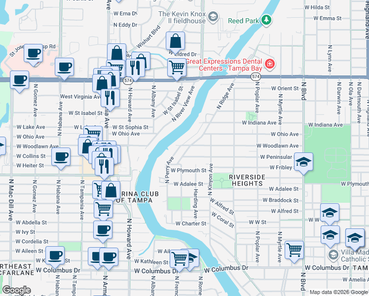 map of restaurants, bars, coffee shops, grocery stores, and more near 3502 North Ridge Avenue in Tampa