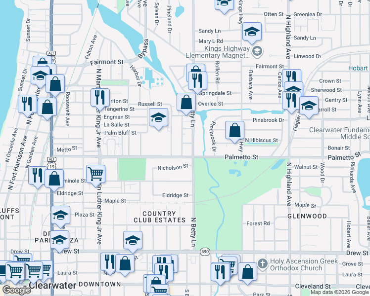 map of restaurants, bars, coffee shops, grocery stores, and more near 1020 Fairburn Avenue in Clearwater