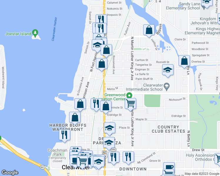 map of restaurants, bars, coffee shops, grocery stores, and more near 802 Jurgens Street in Clearwater