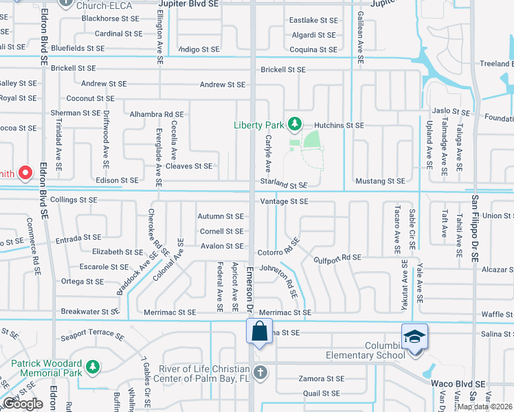 map of restaurants, bars, coffee shops, grocery stores, and more near 851 Vantage Street Southeast in Palm Bay
