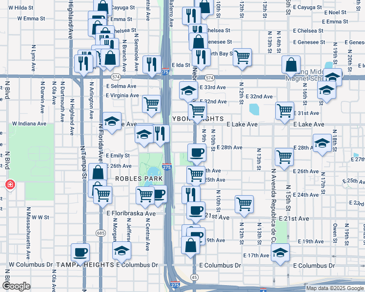 map of restaurants, bars, coffee shops, grocery stores, and more near 711 East James Street in Tampa