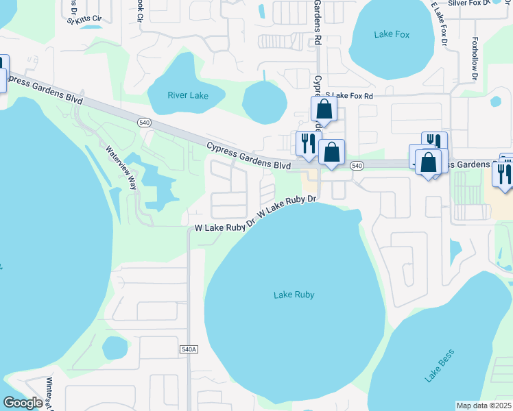 map of restaurants, bars, coffee shops, grocery stores, and more near 632 Crystal's Boulevard in Winter Haven