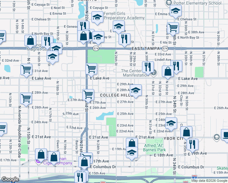 map of restaurants, bars, coffee shops, grocery stores, and more near 2510 East 28th Avenue in Tampa