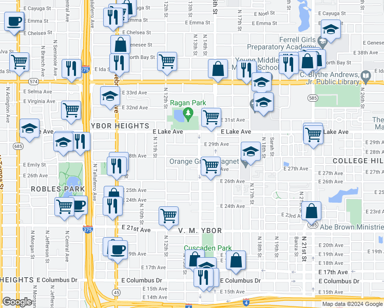 map of restaurants, bars, coffee shops, grocery stores, and more near 1308 East 28th Avenue in Tampa