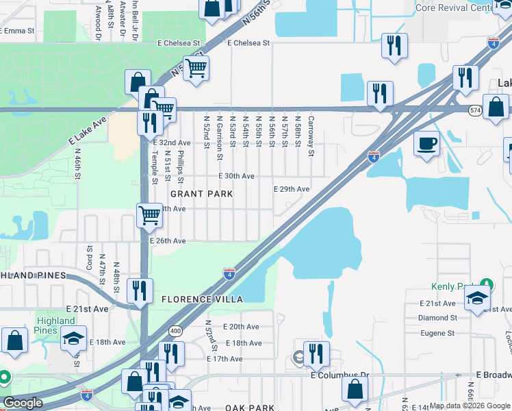 map of restaurants, bars, coffee shops, grocery stores, and more near 3602 North 55th Street in Tampa