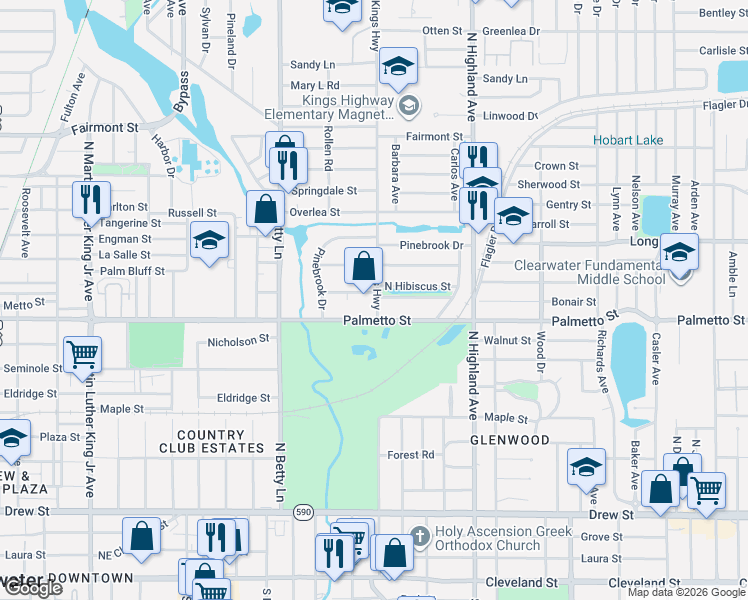 map of restaurants, bars, coffee shops, grocery stores, and more near 1410 North Hibiscus Street in Clearwater