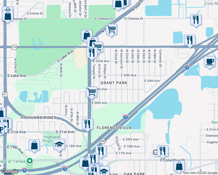 map of restaurants, bars, coffee shops, grocery stores, and more near 3606 Phillips Street in Tampa