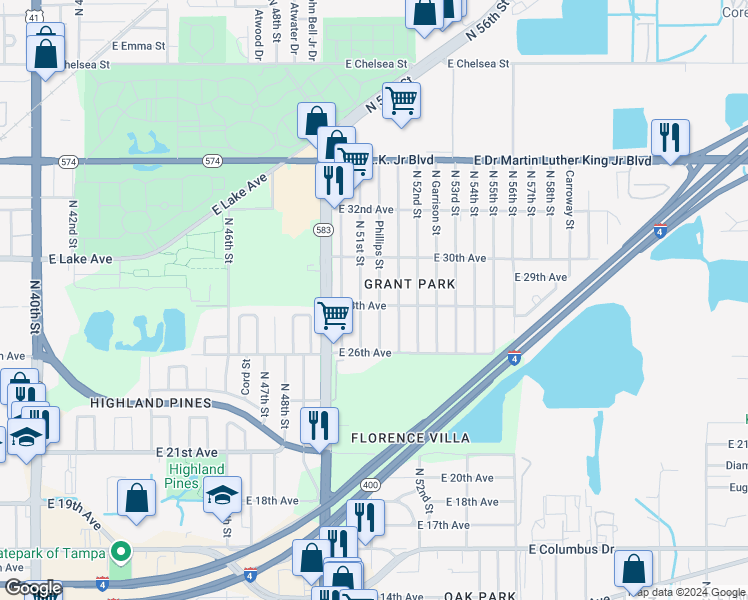 map of restaurants, bars, coffee shops, grocery stores, and more near 3606 Phillips Street in Tampa