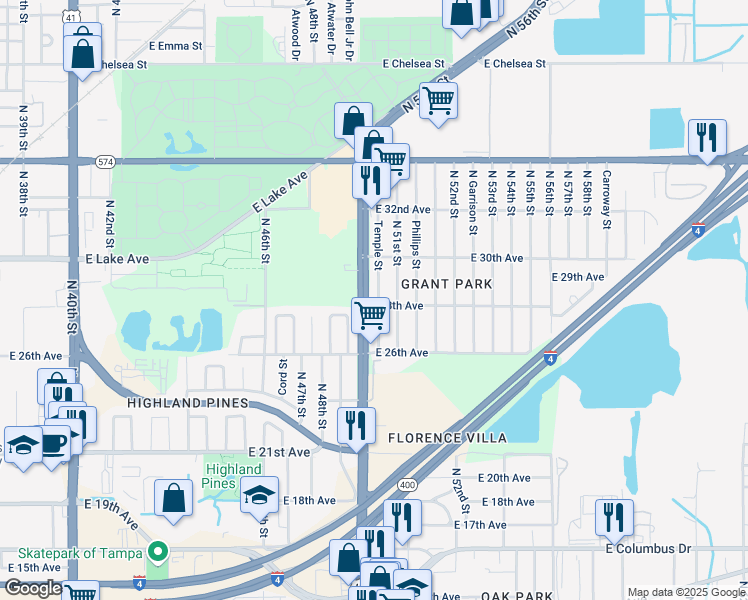 map of restaurants, bars, coffee shops, grocery stores, and more near 3612 Temple Street in Tampa