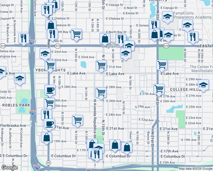 map of restaurants, bars, coffee shops, grocery stores, and more near 3512 North 15th Street in Tampa
