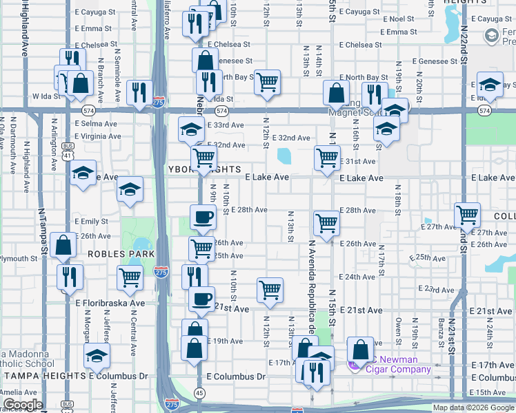 map of restaurants, bars, coffee shops, grocery stores, and more near 3504 North 12th Street in Tampa