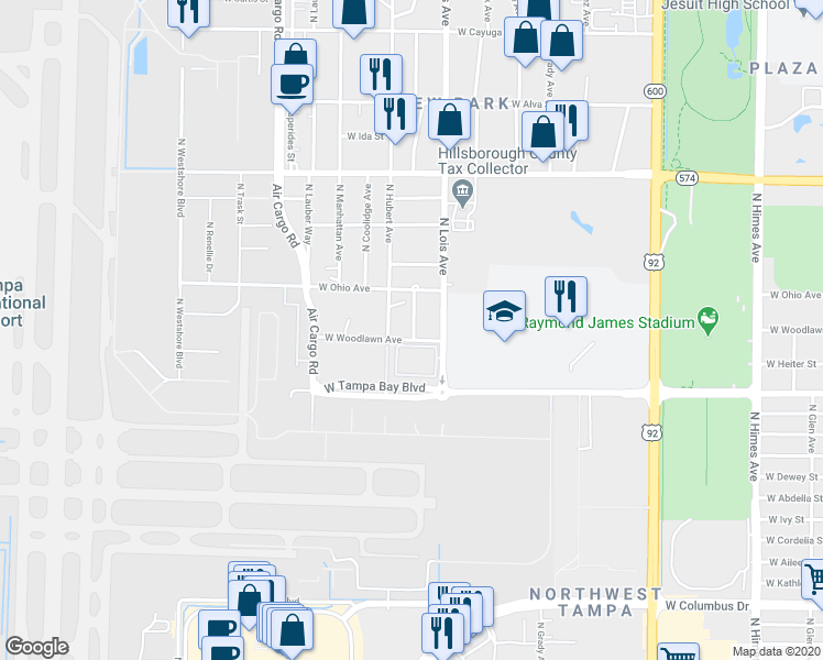 map of restaurants, bars, coffee shops, grocery stores, and more near 4104 North Thatcher Avenue in Tampa