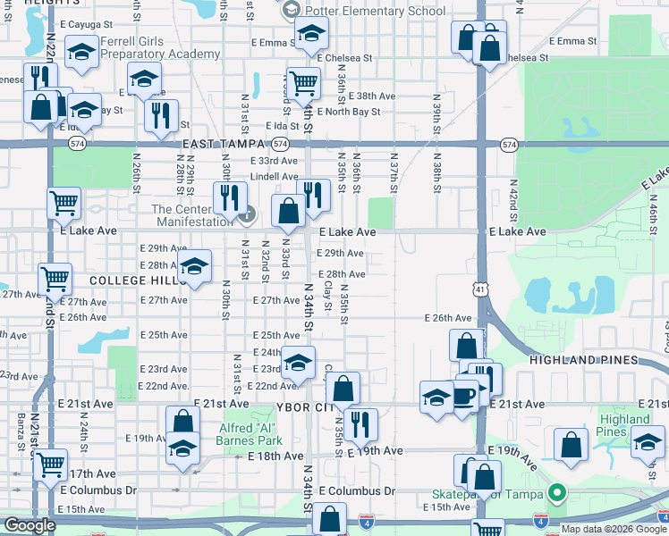 map of restaurants, bars, coffee shops, grocery stores, and more near 3501 East 29th Avenue in Tampa