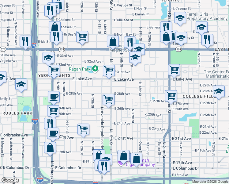 map of restaurants, bars, coffee shops, grocery stores, and more near 3512 North 15th Street in Tampa