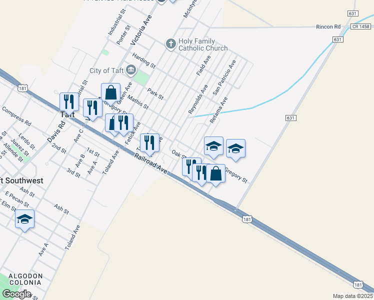 map of restaurants, bars, coffee shops, grocery stores, and more near 925 Gregory Street in Taft