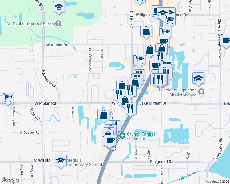 map of restaurants, bars, coffee shops, grocery stores, and more near 439 Market Square East in Lakeland