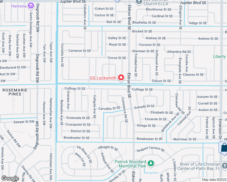 map of restaurants, bars, coffee shops, grocery stores, and more near 348 Collings Street Southeast in Palm Bay