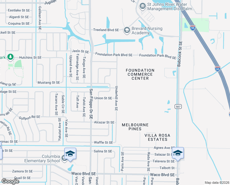 map of restaurants, bars, coffee shops, grocery stores, and more near 904 Underhill Avenue Southeast in Palm Bay