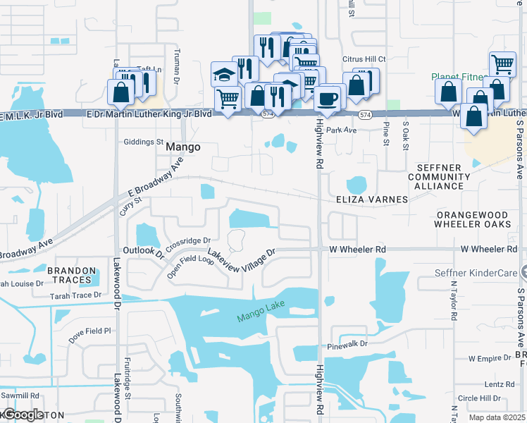 map of restaurants, bars, coffee shops, grocery stores, and more near 1525 Thistledown Drive in Brandon