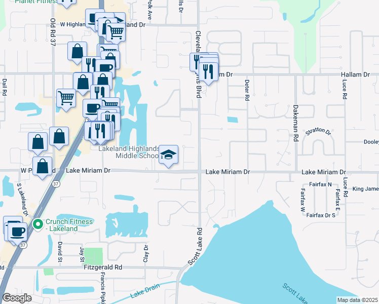 map of restaurants, bars, coffee shops, grocery stores, and more near 4910 Liberty Lane in Lakeland