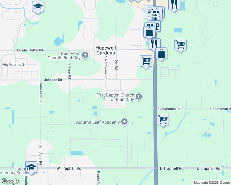 map of restaurants, bars, coffee shops, grocery stores, and more near 3143 South Northview Road in Plant City