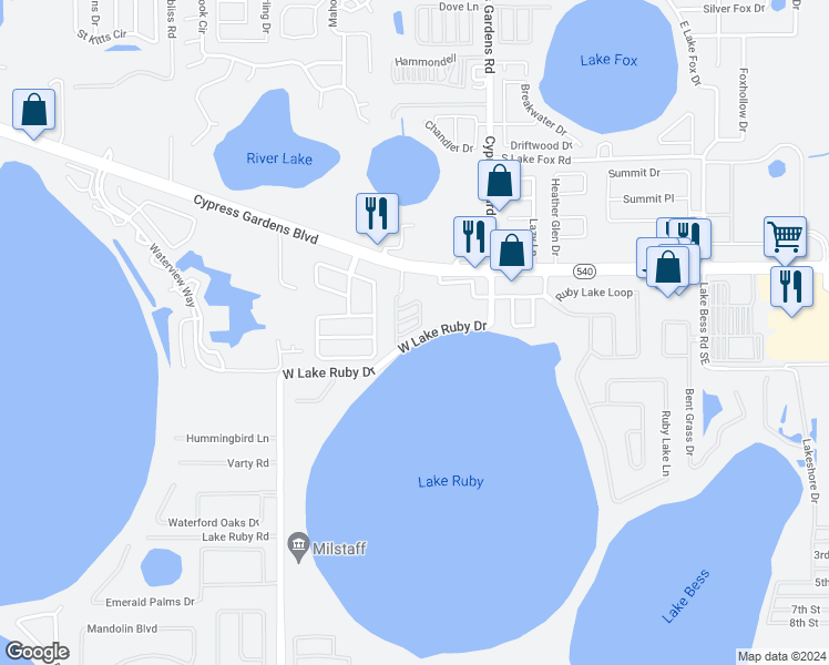 map of restaurants, bars, coffee shops, grocery stores, and more near 810 Marcia Loop in Winter Haven