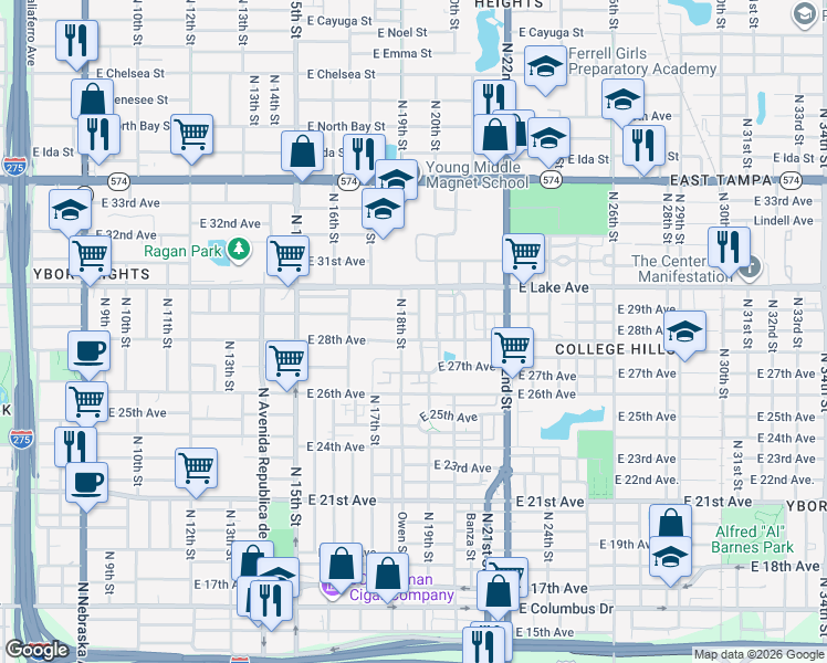 map of restaurants, bars, coffee shops, grocery stores, and more near 3516 Sarah Street in Tampa