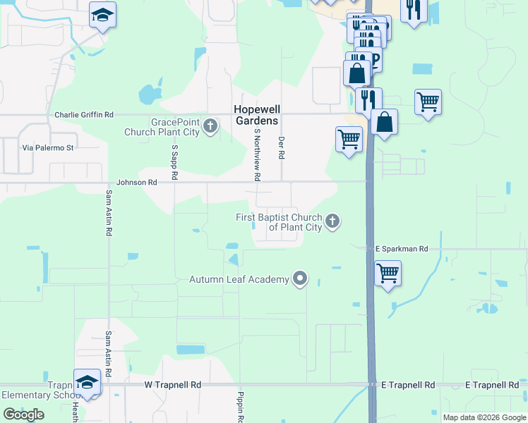 map of restaurants, bars, coffee shops, grocery stores, and more near 3125 South Northview Road in Plant City