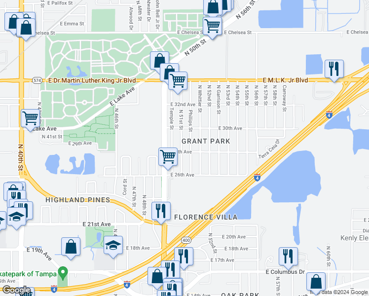map of restaurants, bars, coffee shops, grocery stores, and more near 5106 East 28th Avenue in Tampa