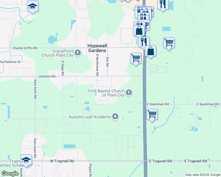 map of restaurants, bars, coffee shops, grocery stores, and more near 3143 South Northview Road in Plant City