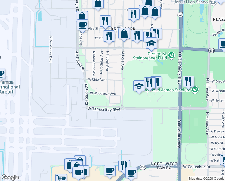 map of restaurants, bars, coffee shops, grocery stores, and more near 4104 North Thatcher Avenue in Tampa