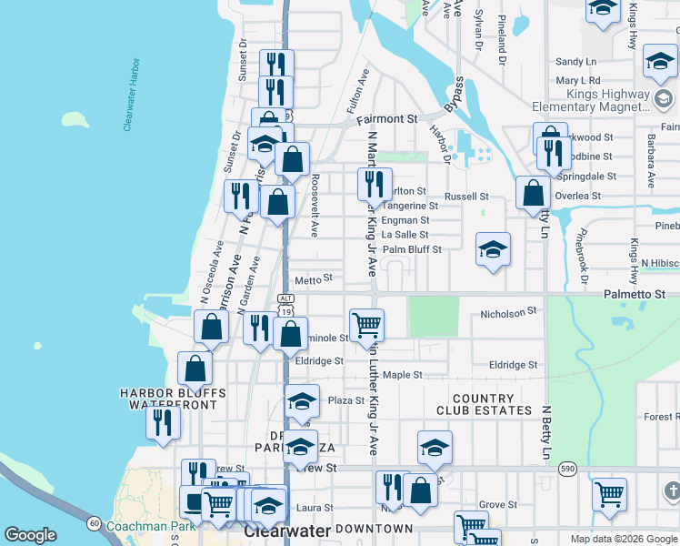 map of restaurants, bars, coffee shops, grocery stores, and more near 903 Palm Bluff Street in Clearwater
