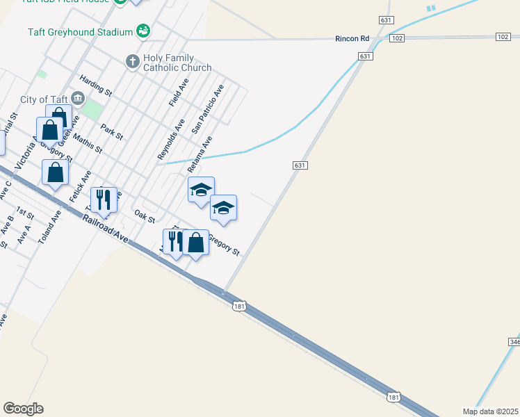 map of restaurants, bars, coffee shops, grocery stores, and more near 1225 Murray Street in Taft