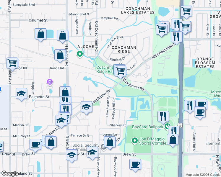 map of restaurants, bars, coffee shops, grocery stores, and more near 2350 Florida 590 in Clearwater