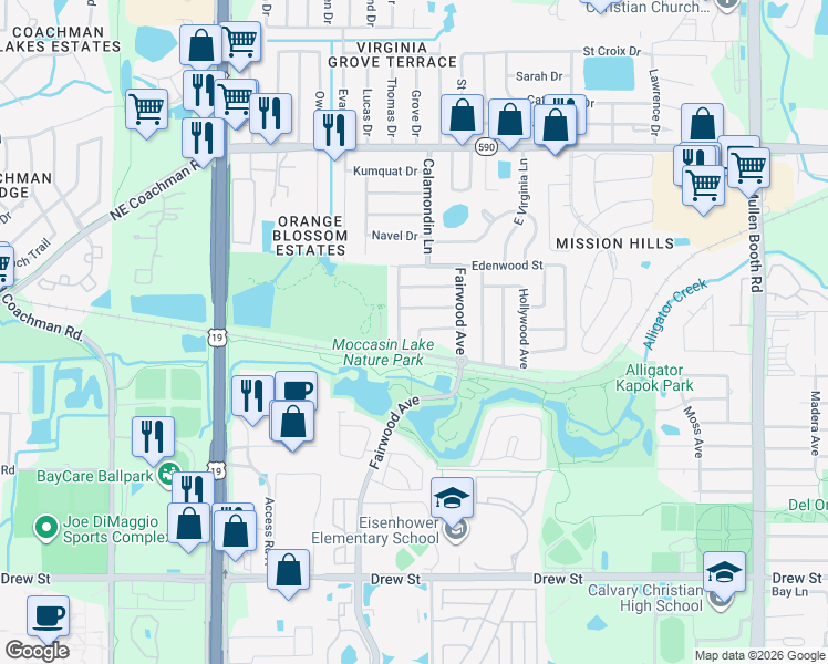 map of restaurants, bars, coffee shops, grocery stores, and more near 1024 Applewood Drive in Clearwater