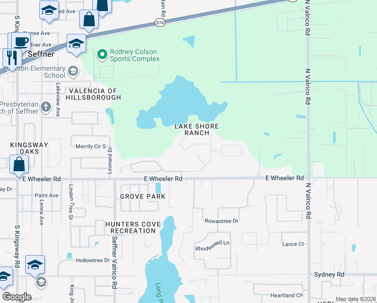 map of restaurants, bars, coffee shops, grocery stores, and more near 1461 Lake Shore Ranch Drive in Seffner
