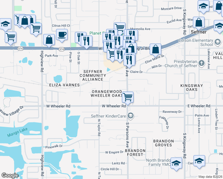 map of restaurants, bars, coffee shops, grocery stores, and more near 2112 Ramblewood Lane in Brandon
