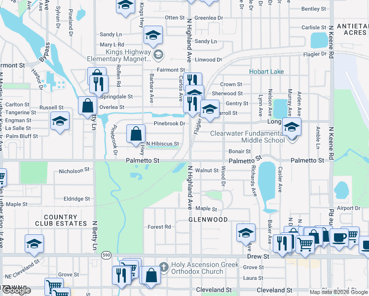 map of restaurants, bars, coffee shops, grocery stores, and more near 1007 Palm Terrace Drive in Clearwater