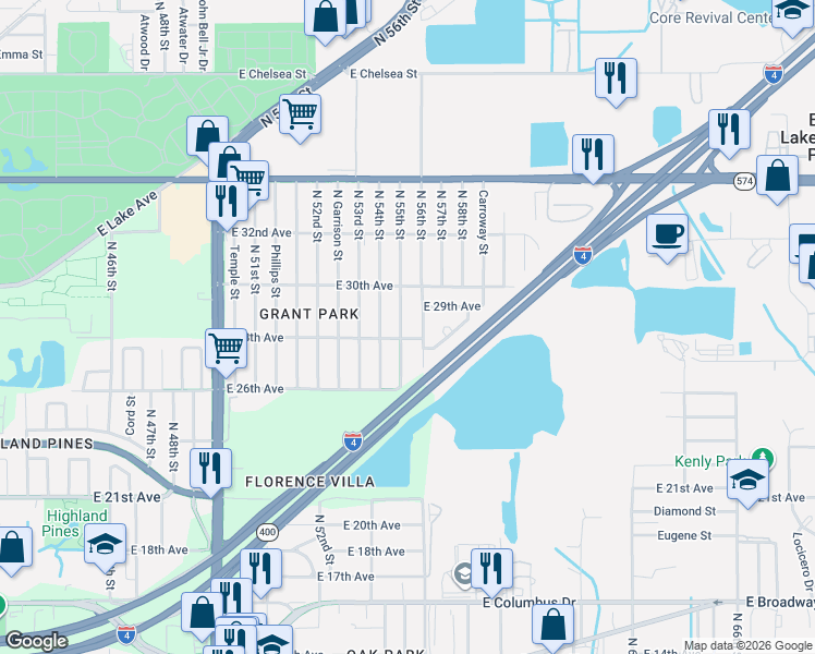 map of restaurants, bars, coffee shops, grocery stores, and more near 3605 North 56th Street in Tampa