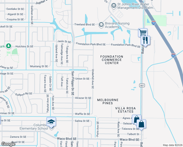 map of restaurants, bars, coffee shops, grocery stores, and more near 904 Underhill Avenue Southeast in Palm Bay