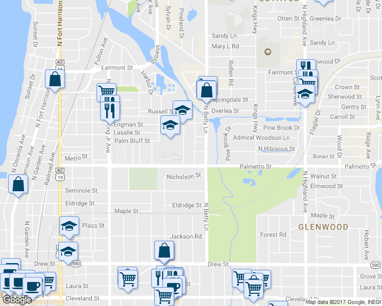 map of restaurants, bars, coffee shops, grocery stores, and more near 1020 Fairburn Avenue in Clearwater