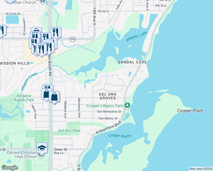 map of restaurants, bars, coffee shops, grocery stores, and more near 3301 San Gabriel Street in Clearwater
