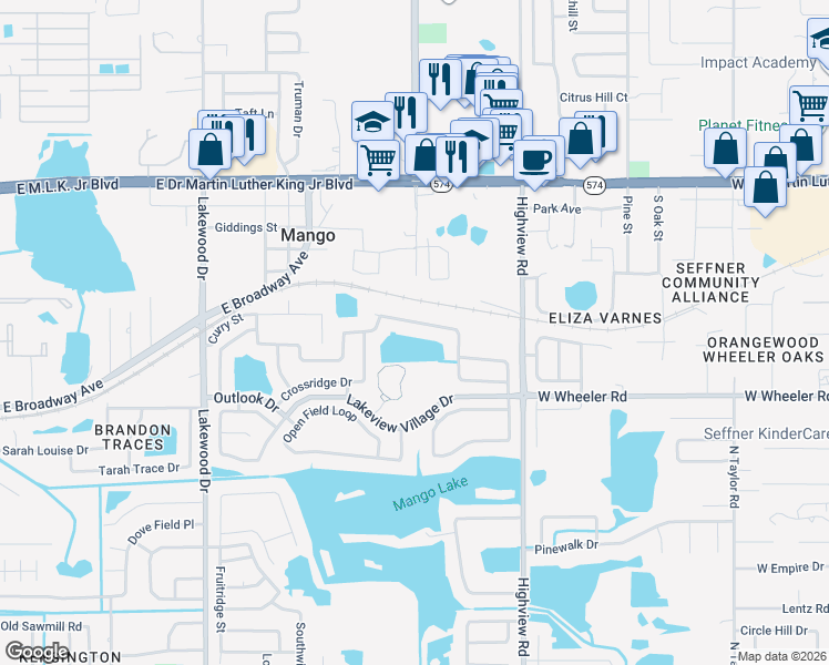 map of restaurants, bars, coffee shops, grocery stores, and more near 1535 Thistledown Drive in Brandon