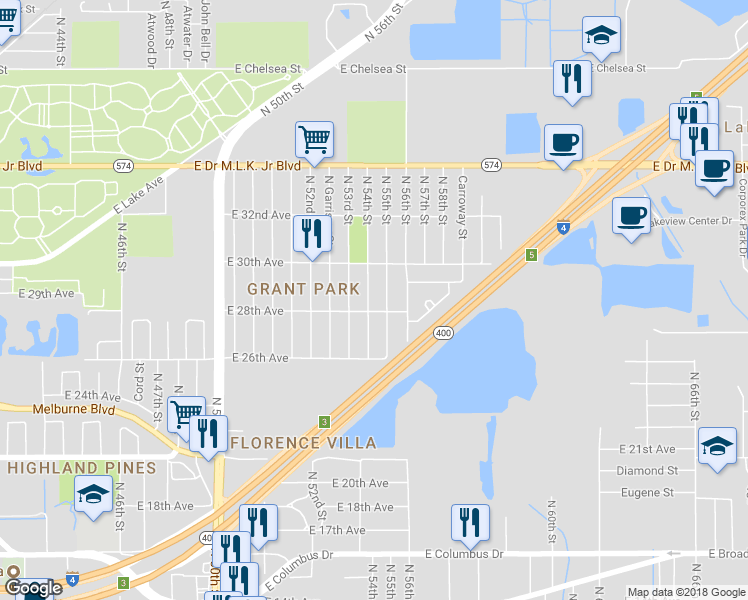 map of restaurants, bars, coffee shops, grocery stores, and more near 3607 North 54th Street in Tampa