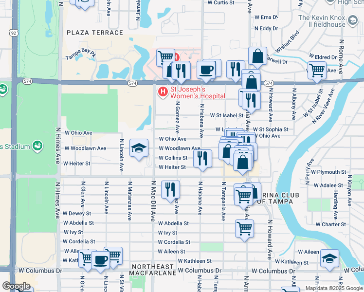map of restaurants, bars, coffee shops, grocery stores, and more near 2901 West Woodlawn Avenue in Tampa