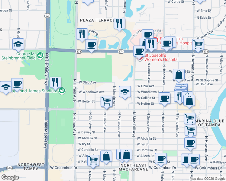 map of restaurants, bars, coffee shops, grocery stores, and more near 3213 West Woodlawn Avenue in Tampa