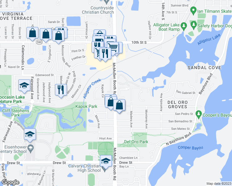 map of restaurants, bars, coffee shops, grocery stores, and more near 1111 McMullen Booth Road in Clearwater